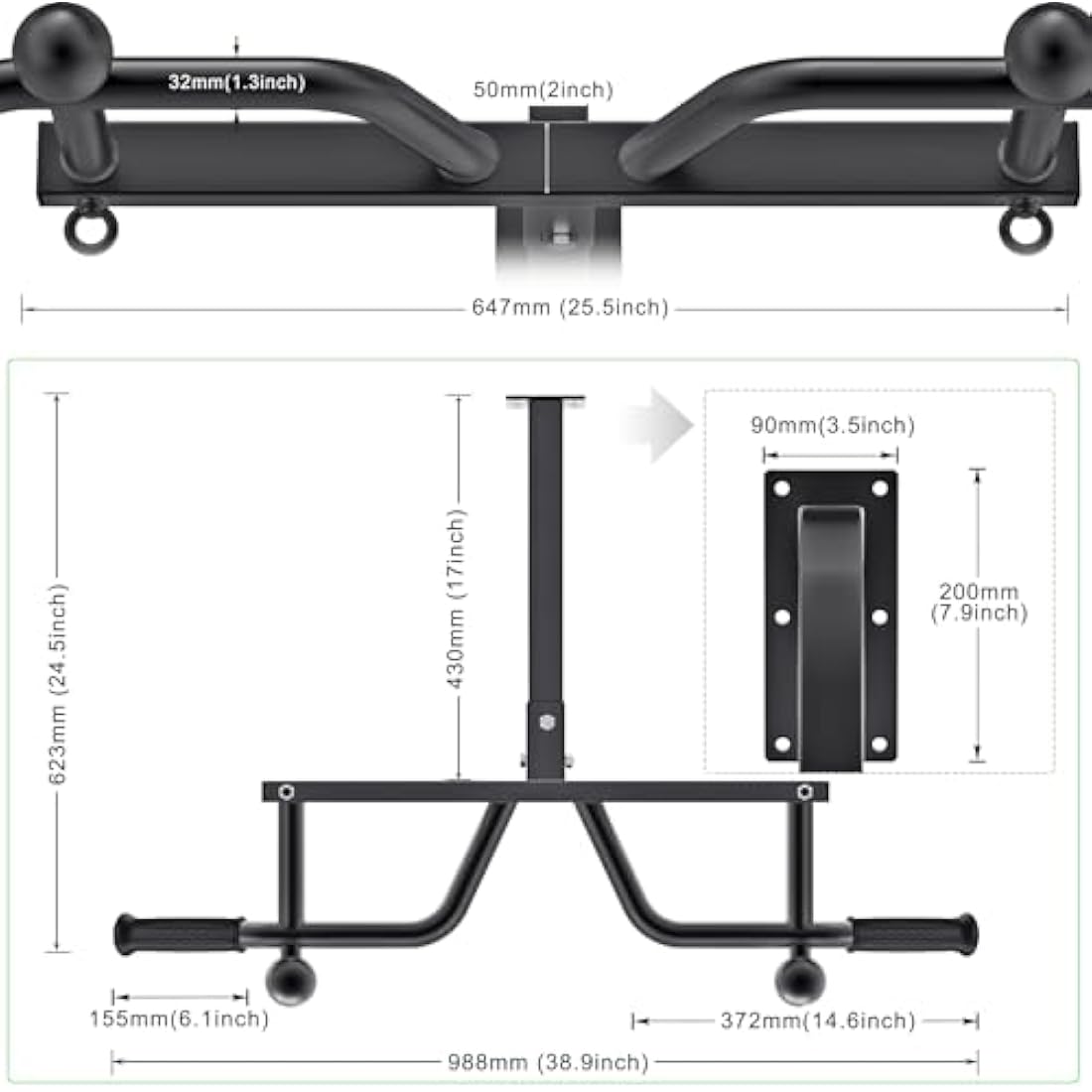Kipika Wall Mounted Pull Up Bar – Heavy Duty 5-Grip Home Gym System