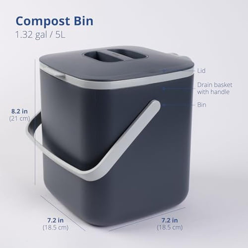 BLUE GINKGO 5L Kitchen Compost Bin – Odor-Tight Countertop Pail, Grey