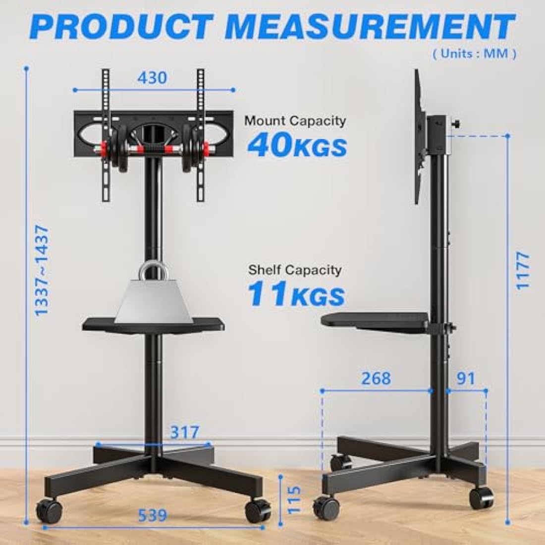 RFIVER Mobile TV Stand – Rolling TV Cart for 27-60 Inch Flat Curved TVs
