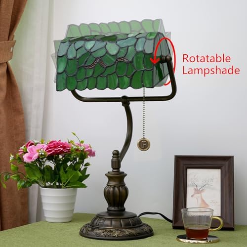 Blivuself Tiffany Bankers Desk Lamp – Green Stained Glass Tree Leaf Light