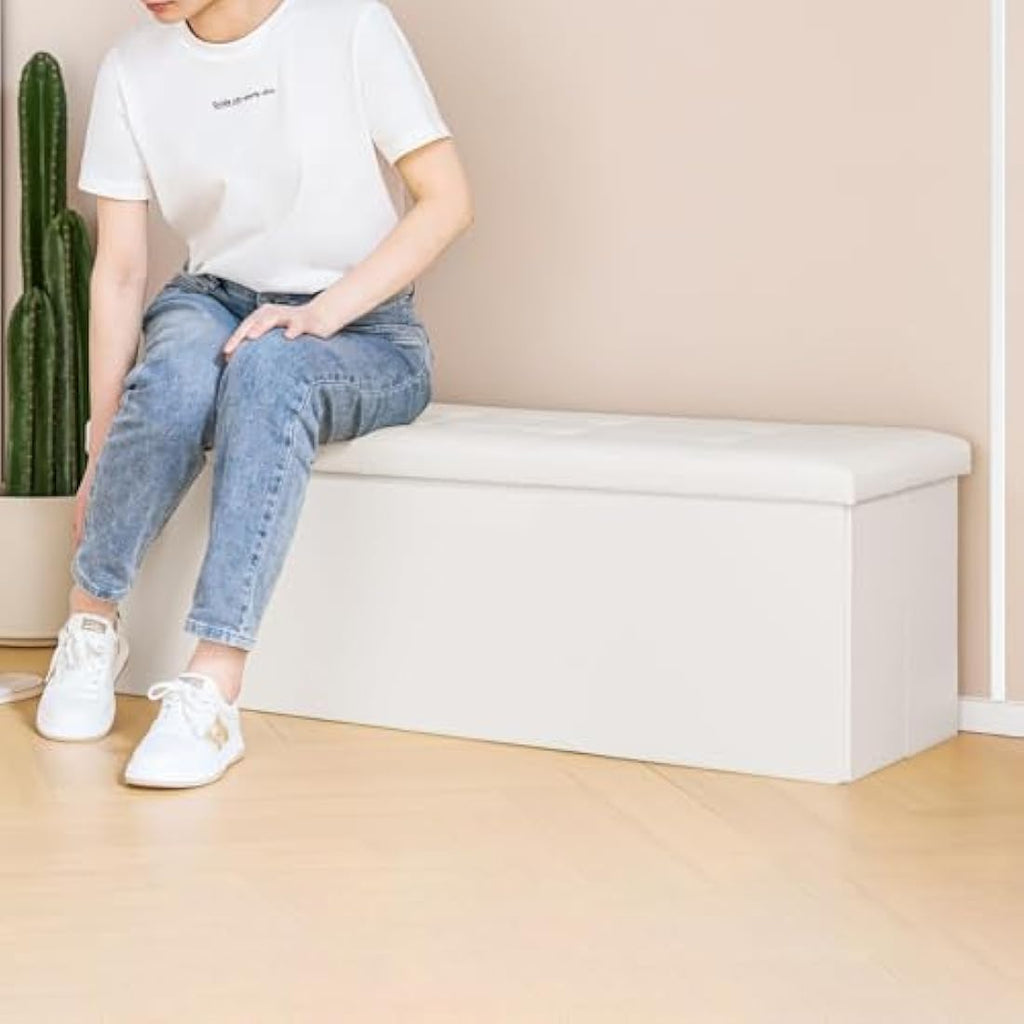 Bonlife Folding Storage Ottoman Bench | White Faux Leather Toy Box