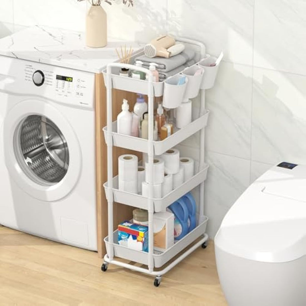 JIUYOTREE 4-Tier Rolling Utility Cart with Handles and Wheels - White