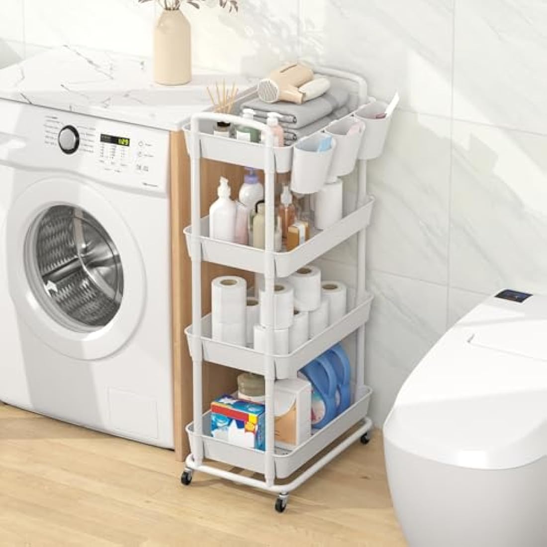 JIUYOTREE 4-Tier Rolling Utility Cart with Handles and Wheels - White