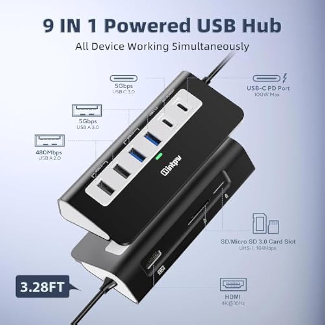 Intpw 9-in-1 USB C Hub – Aluminum Docking Station with 4K HDMI & 100W PD