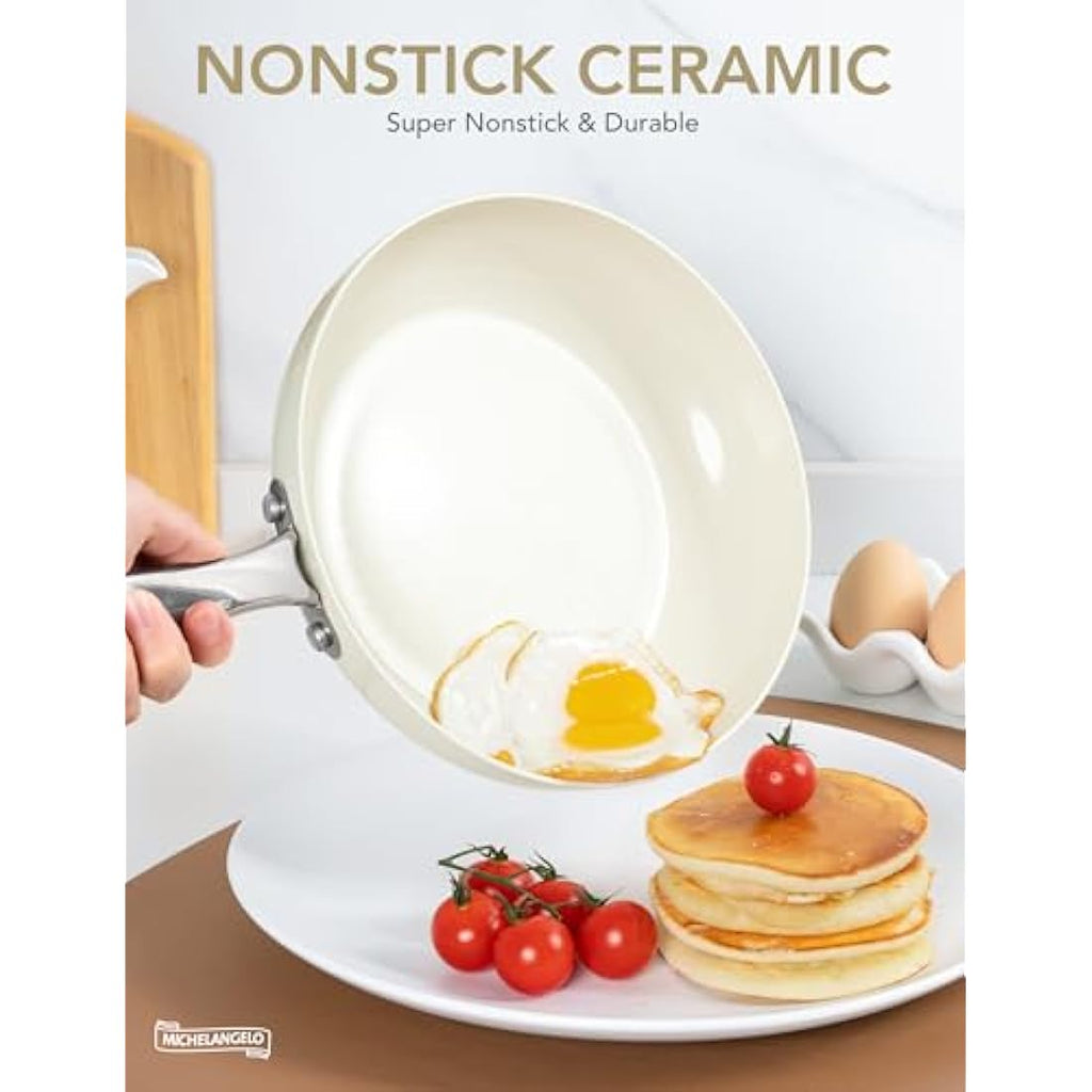 Michelangelo 20cm Ceramic Frying Pan with Lid | Non-Stick Cream White