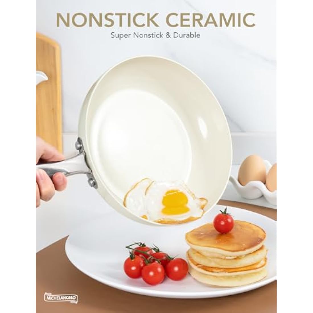 Michelangelo 20cm Ceramic Frying Pan with Lid | Non-Stick Cream White