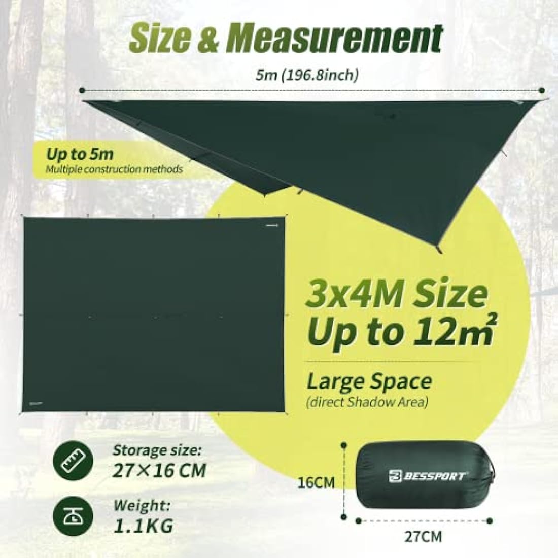 Bessport Waterproof Camping Tent Tarp | PU3000mm Ripstop Hammock Rainfly