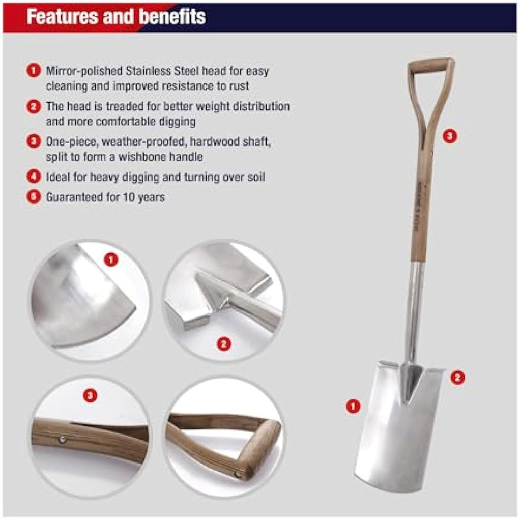 Spear & Jackson Stainless Steel Digging Spade – Hardwood Wishbone Handle