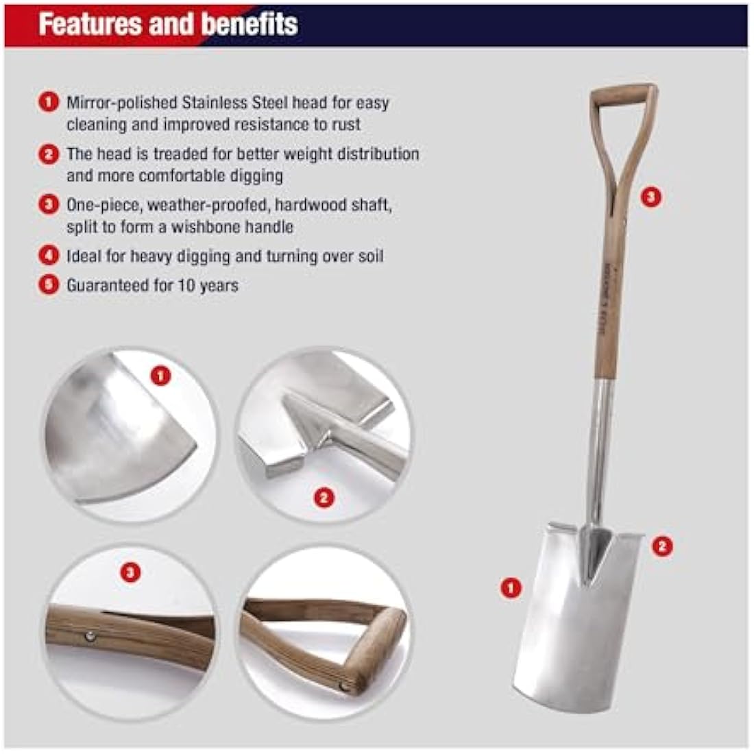 Spear & Jackson Stainless Steel Digging Spade – Hardwood Wishbone Handle