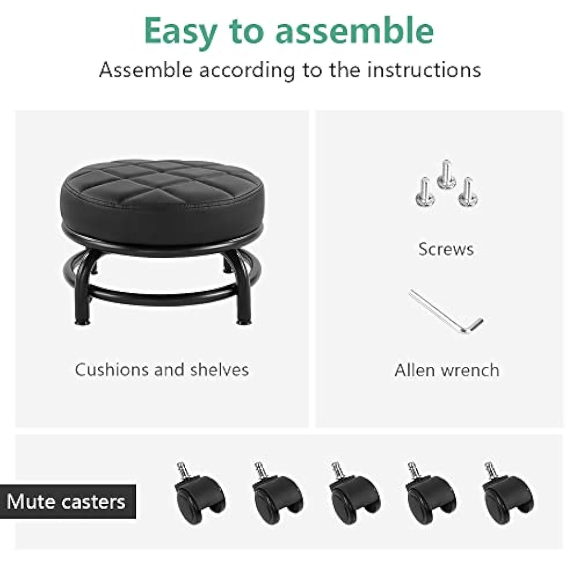 FURWOO Low Rolling Stool - PU Leather Round Swivel Seat with Wheels