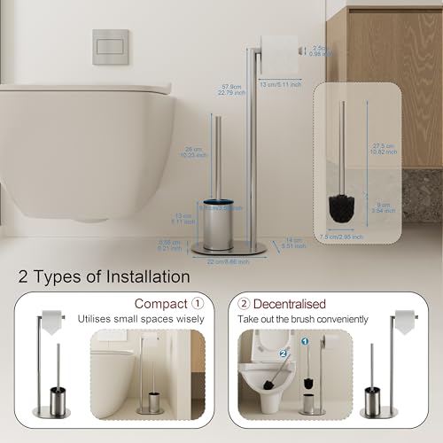BVL Stainless Steel Free Standing Toilet Roll Holder with Brush
