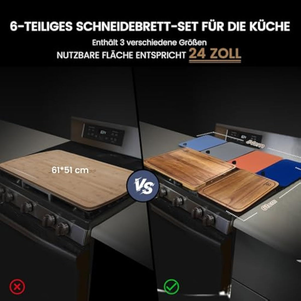 Piklohas Acacia Wood Cutting Board Set – 6 Piece Non-Slip Kitchen Set