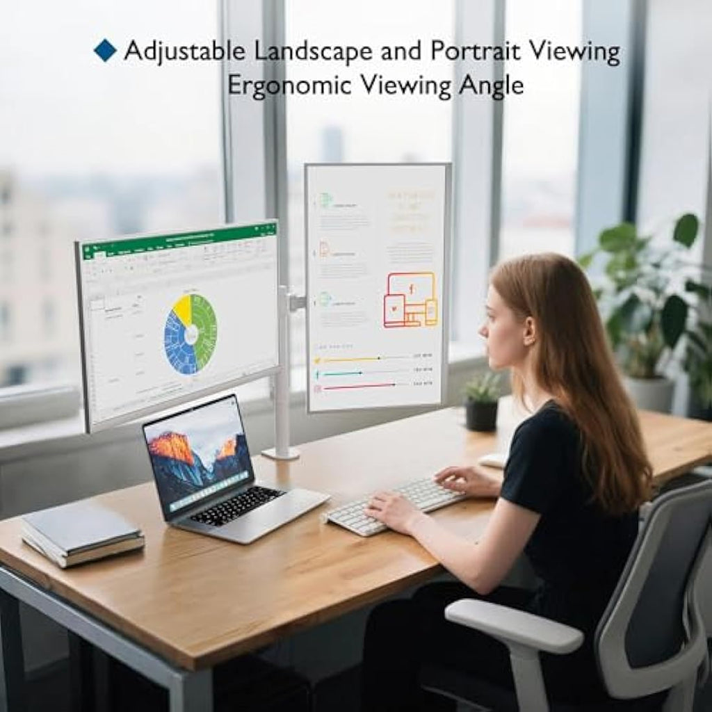 BONTEC Dual Monitor Stand – Ergonomic Height Adjustable Desk Mount, White