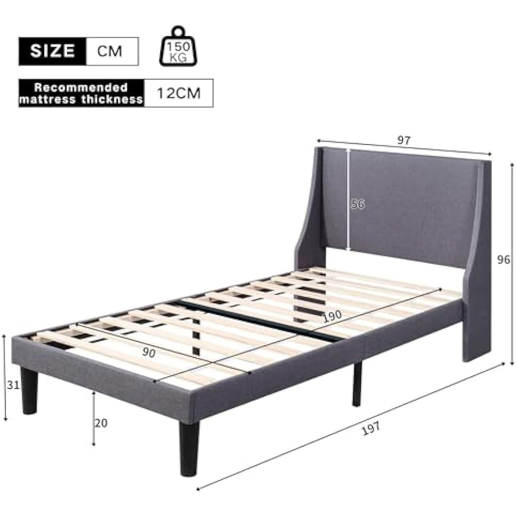Merax 3FT Single Upholstered Bed Frame | Grey Linen Wingback Bed