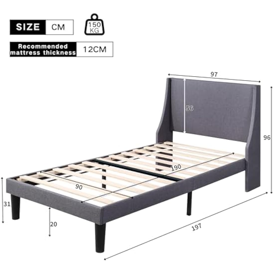Merax 3FT Single Upholstered Bed Frame | Grey Linen Wingback Bed