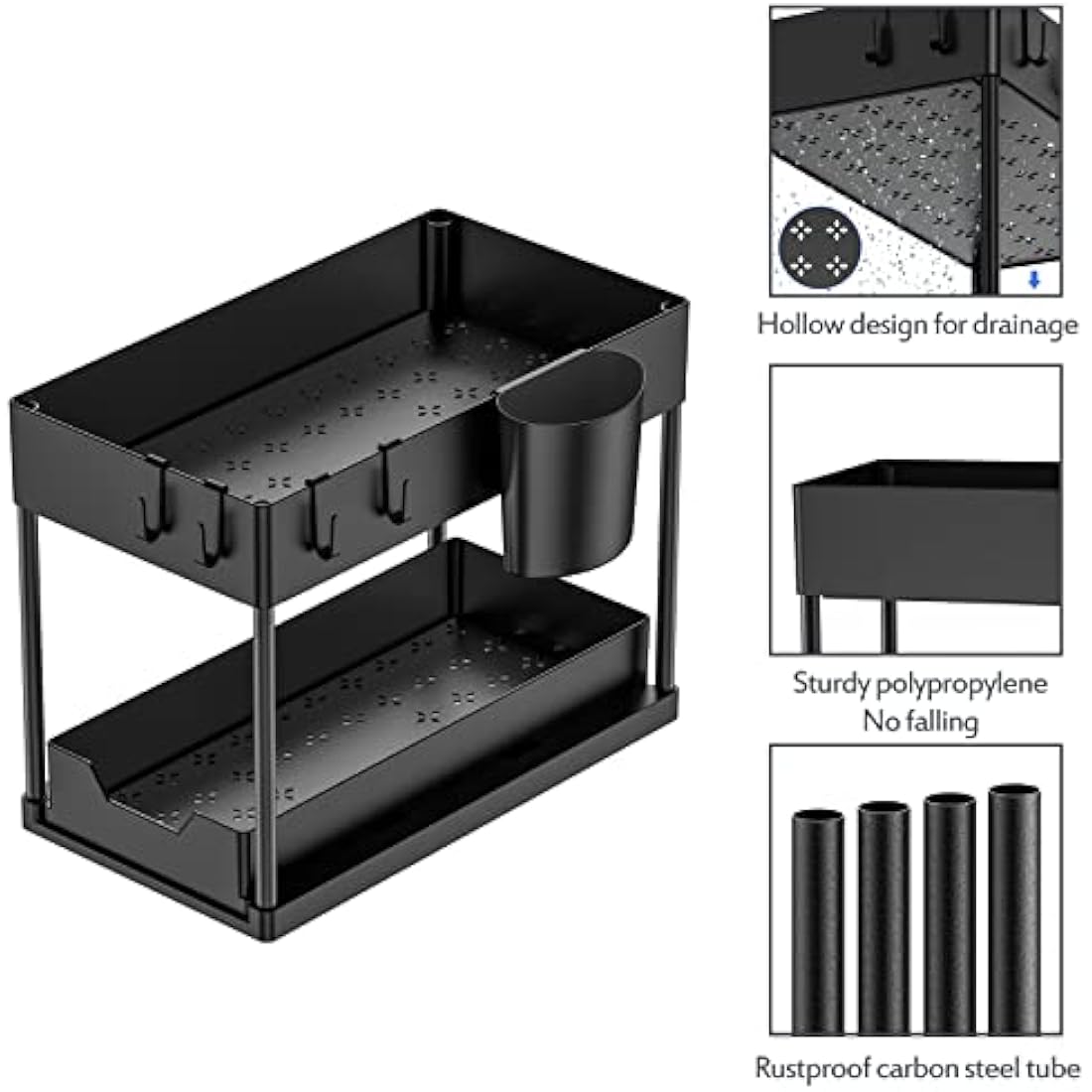 Puricon 3-Pack Under Sink Organiser | 2-Tier Sliding Kitchen Storage - Black