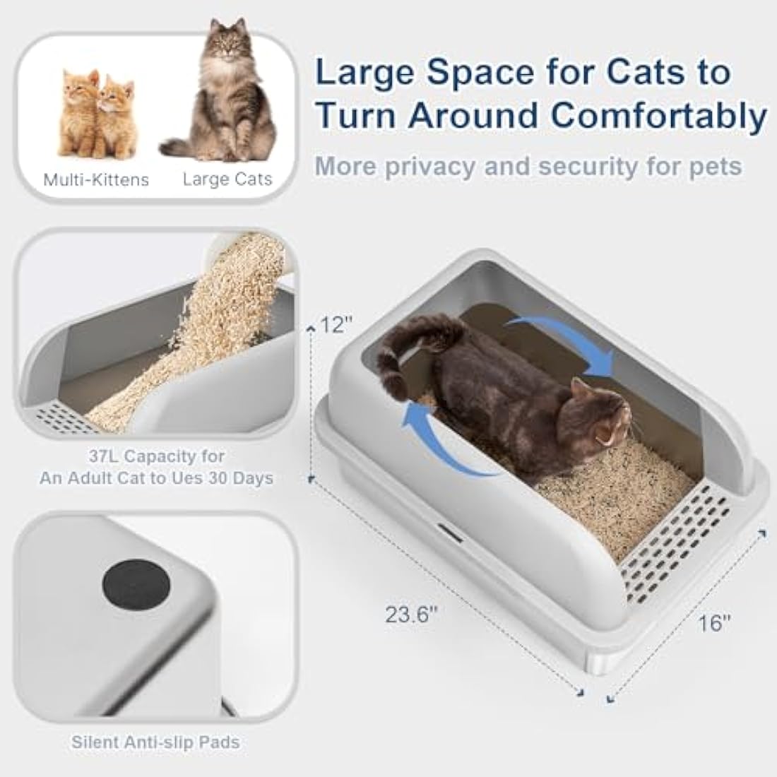 Suzzipaws XL Stainless Steel Cat Litter Box – High Sided Enclosed Tray