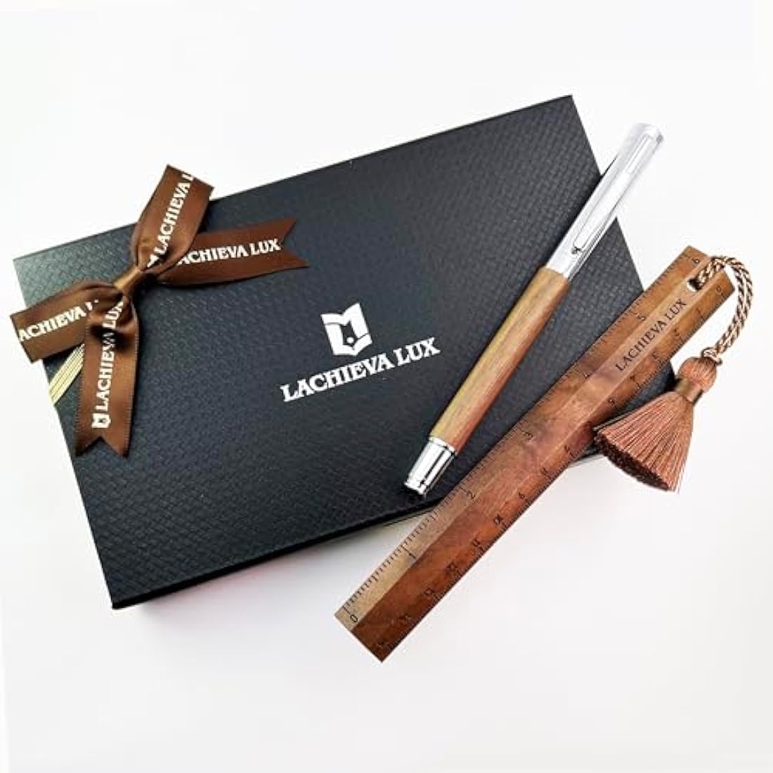 LACHIEVA LUX Walnut Wood Rollerball Pen and Ruler Bookmark Gift Set