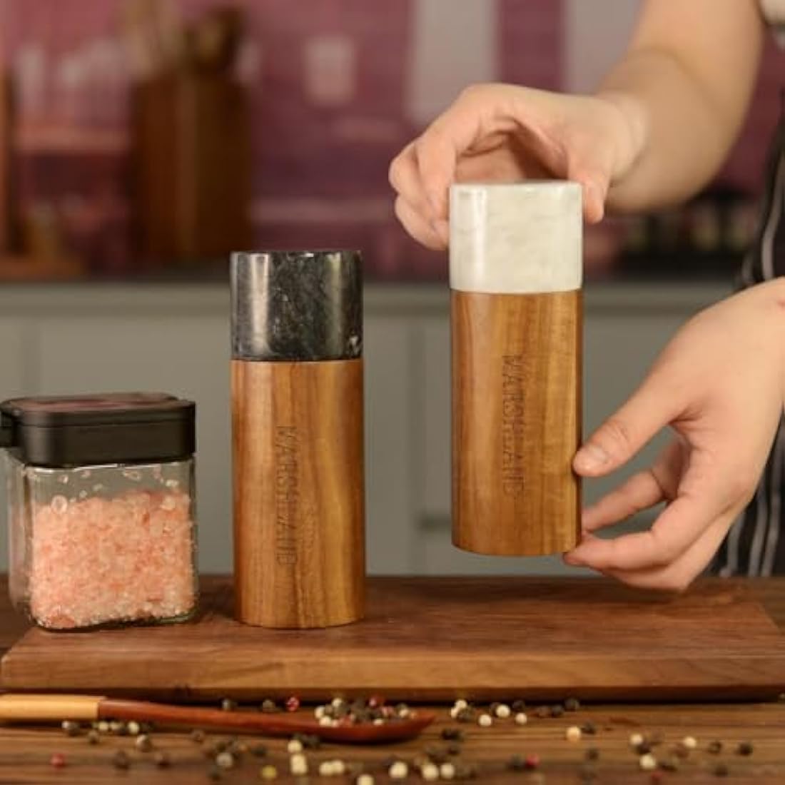 Jolof Store Acacia Wood and Marble Salt and Pepper Grinder Set