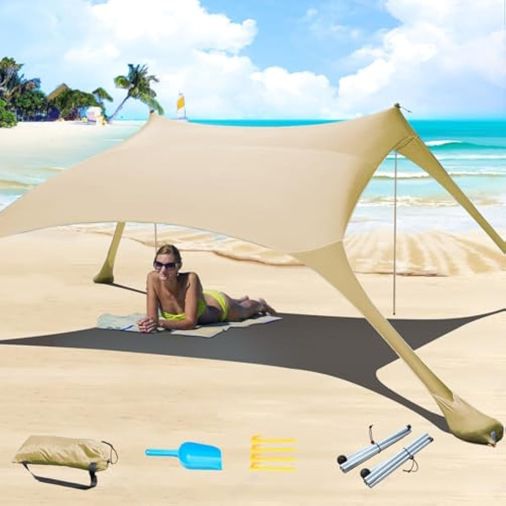 CUUPO 7x7ft Beach Tent Sun Shelter – UPF 50+ Lycra Canopy with 2 Poles