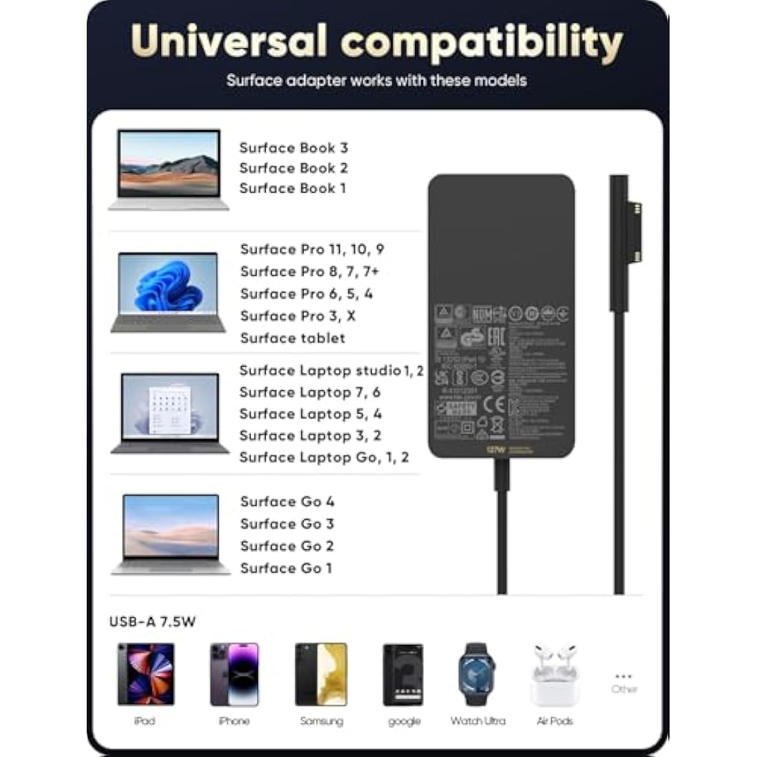 Jolof Store 127W Surface Pro Charger | Fast Power Adapter for Laptop & Book