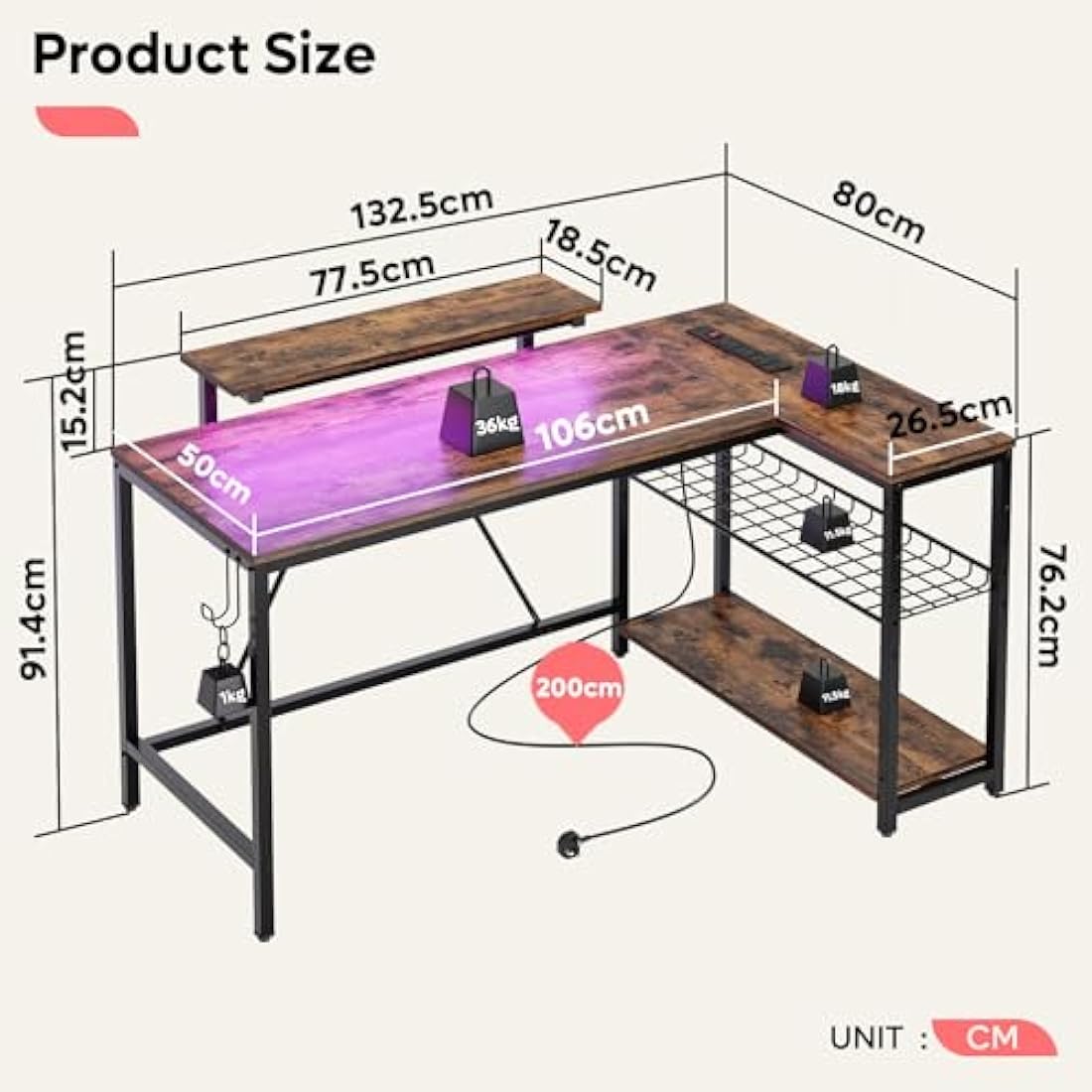 Bestier L-Shaped Gaming Desk with LED Lights and Power Outlets