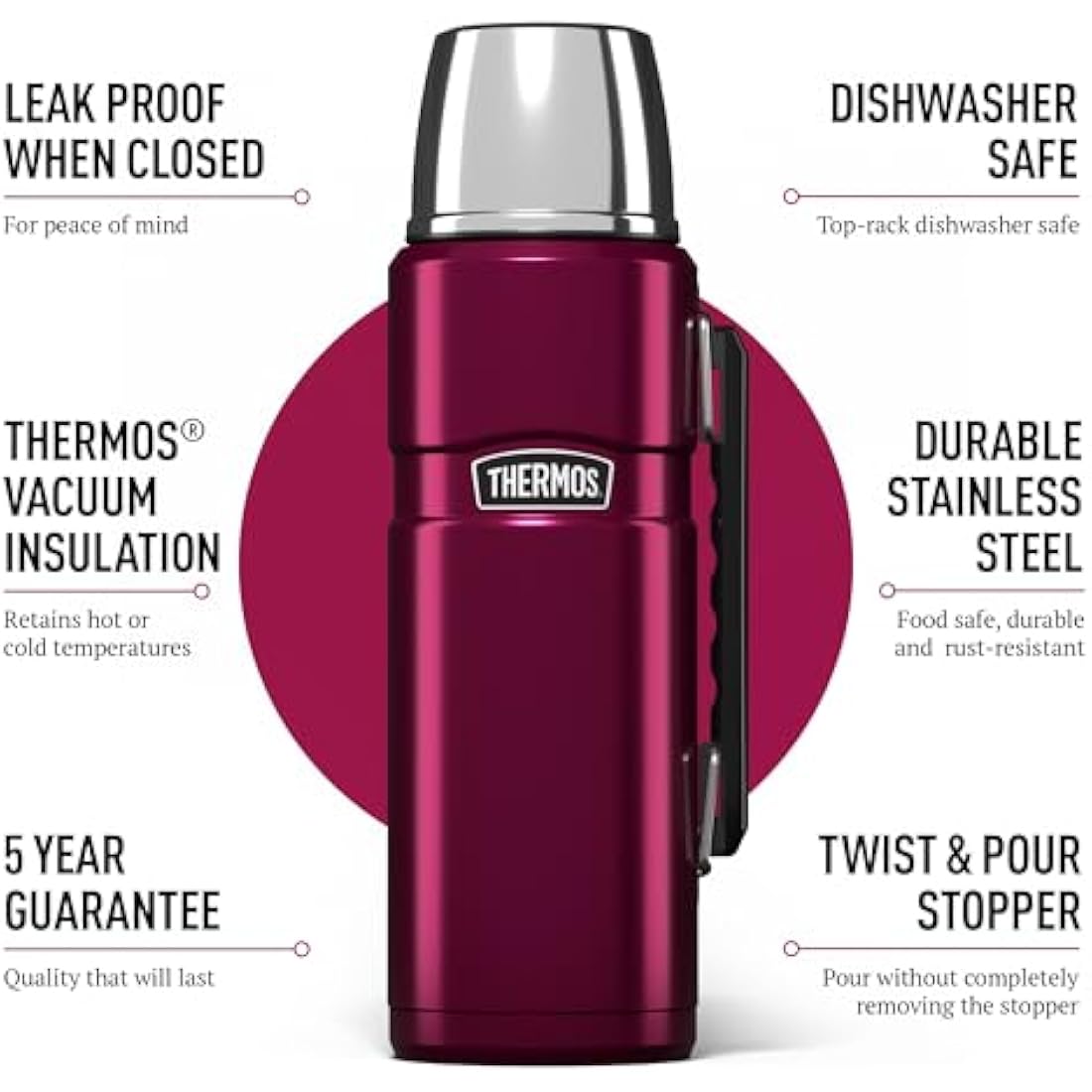 Thermos Stainless King 1.2L Travel Flask – Insulated Raspberry Steel