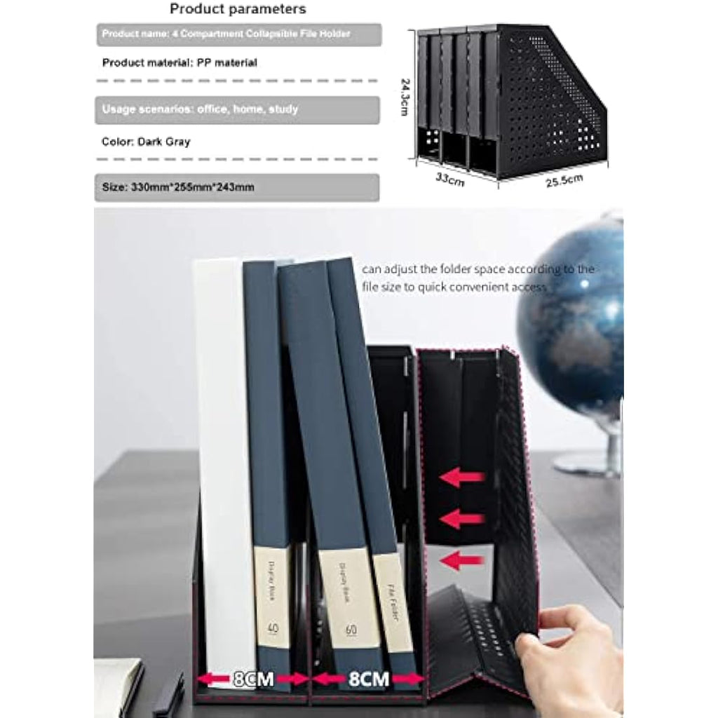 Sivelike Collapsible 4-Compartment A4 File Holder Desk Organizer - Dark Gray