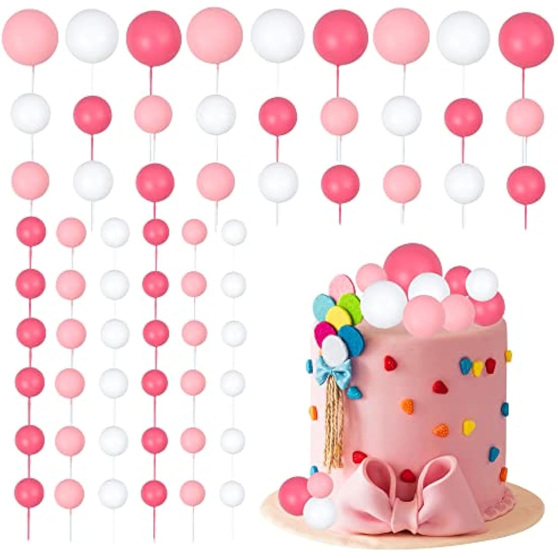 Gyufise 30Pcs Ball Cake Toppers | Pink & White Foam Cupcake Picks