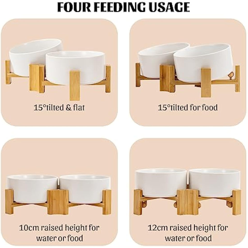 SPUNKYJUNKY 15° Tilted Ceramic Dog and Cat Bowl with Wooden Stand - 850ml