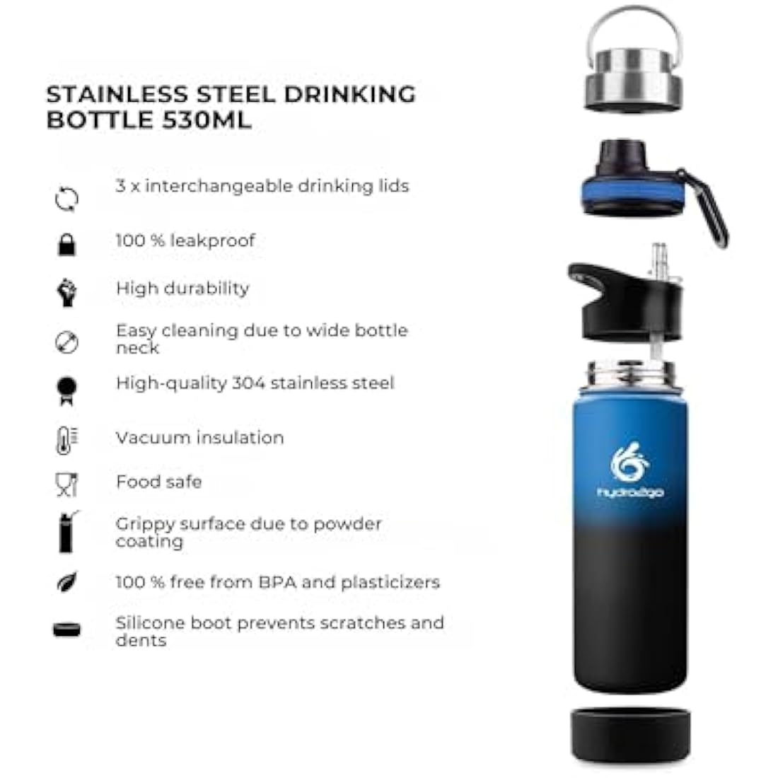 hydro2go Stainless Steel Water Bottle – 530ml Insulated Thermal Mug