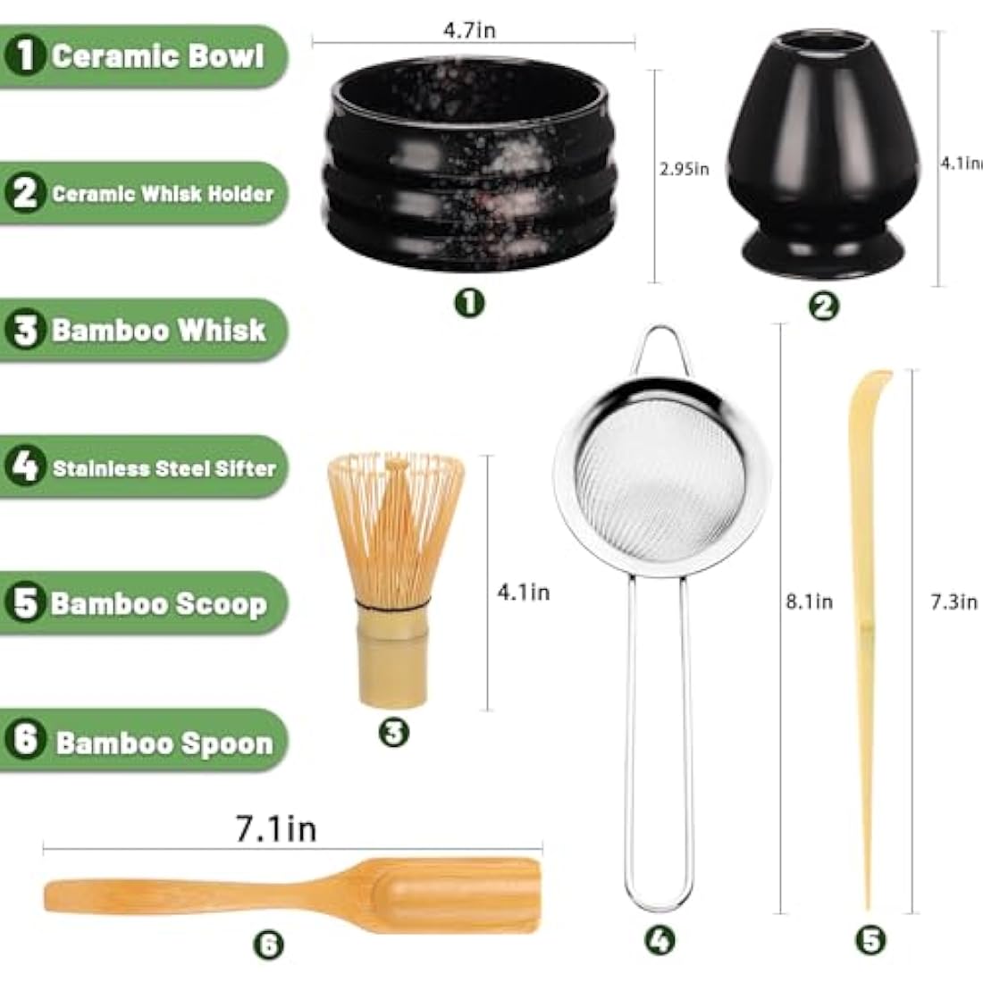Geebuzz 6-Piece Matcha Whisk Set with Ceramic Bowl and Bamboo Whisk - Black