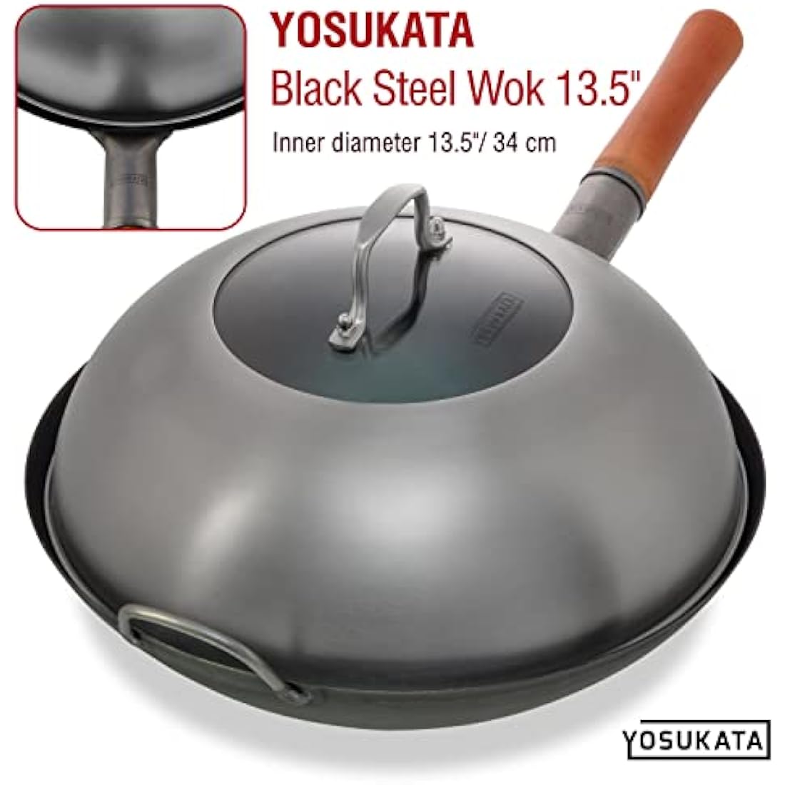 Yosukata 32.5cm Stainless Steel Wok Lid with Tempered Glass and Steam Vent