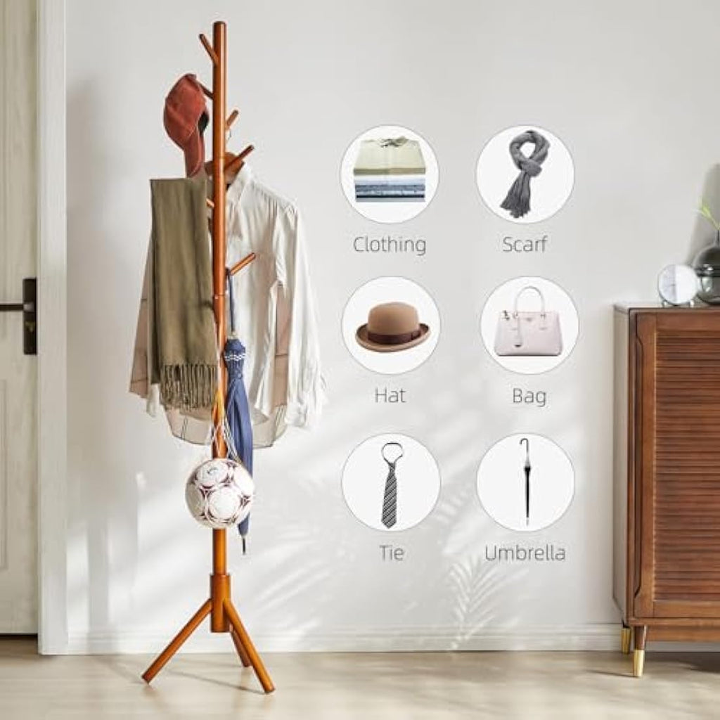 Aibiju Wood Coat Rack Free Standing | 8 Hooks Adjustable Height Tree