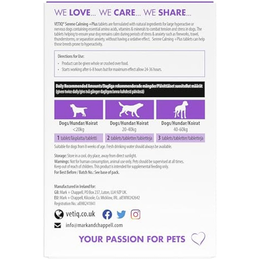 VETIQ Serene Calming Plus+ Tablets for Large Dogs | Anxiety Relief, 60ct