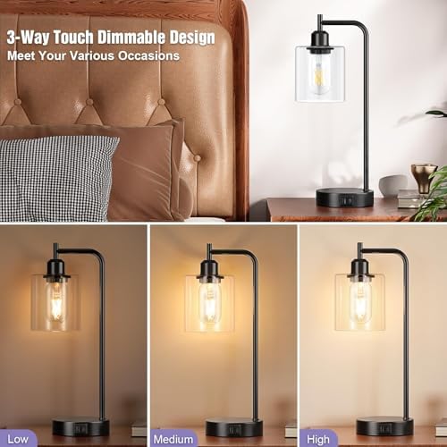 Aooshine Industrial Bedside Lamps Set of 2 – Touch Dimmable with USB-C