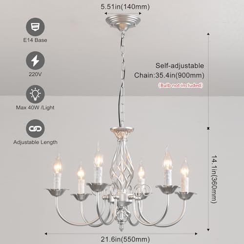JIINOO French Country Chandelier | 6-Light Silver Rustic Farmhouse Pendant