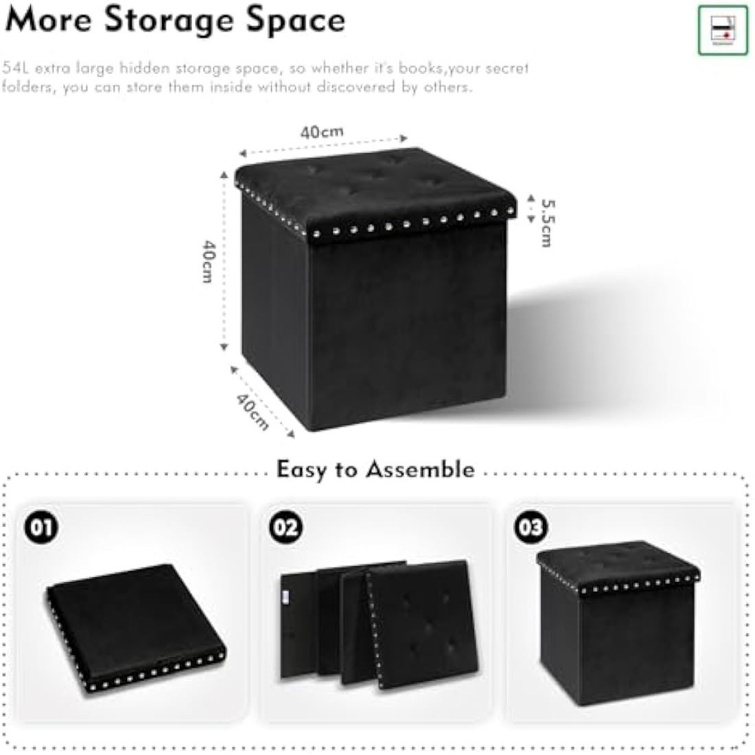 Bonlife Velvet Storage Ottoman | Folding Footstool & Coffee Table - Black