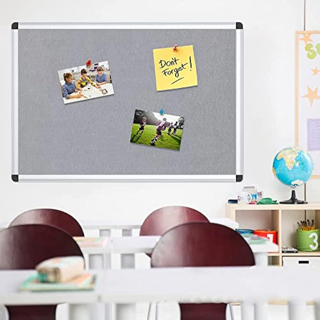 VIZ-PRO Grey Felt Notice Board | Silver Aluminium Frame | 90 x 60 cm