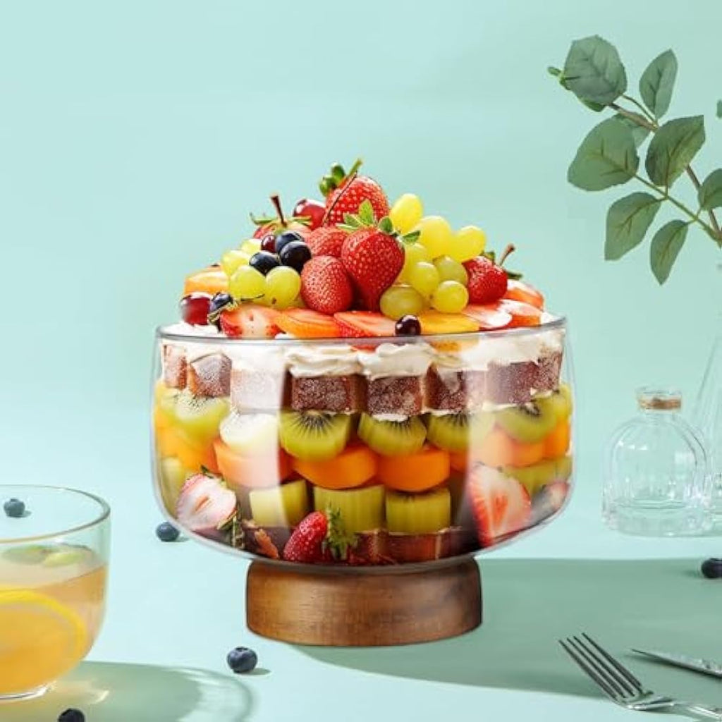 NiHome 123oz Large Glass Trifle Bowl with Elegant Acacia Wood Stand