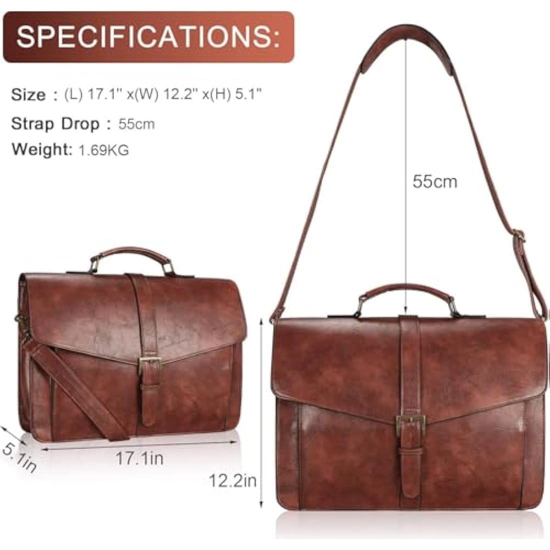 Estarer 17.3 Inch Leather Laptop Bag | Large Mens Business Briefcase – Brown