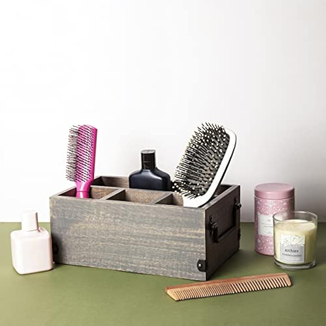 GoCraft Grey Washed Mango Wood 4-Compartment Flatware and Napkin Caddy