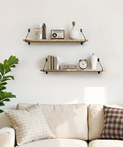 Petrala Rustic Floating Shelves – 60cm Wooden Wall Shelves, Set of 2