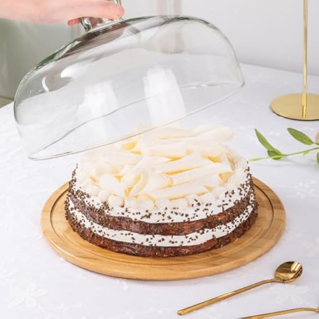 IMIKEYA Glass Cake Stand with Dome Lid | Wooden Pastry Display Tray