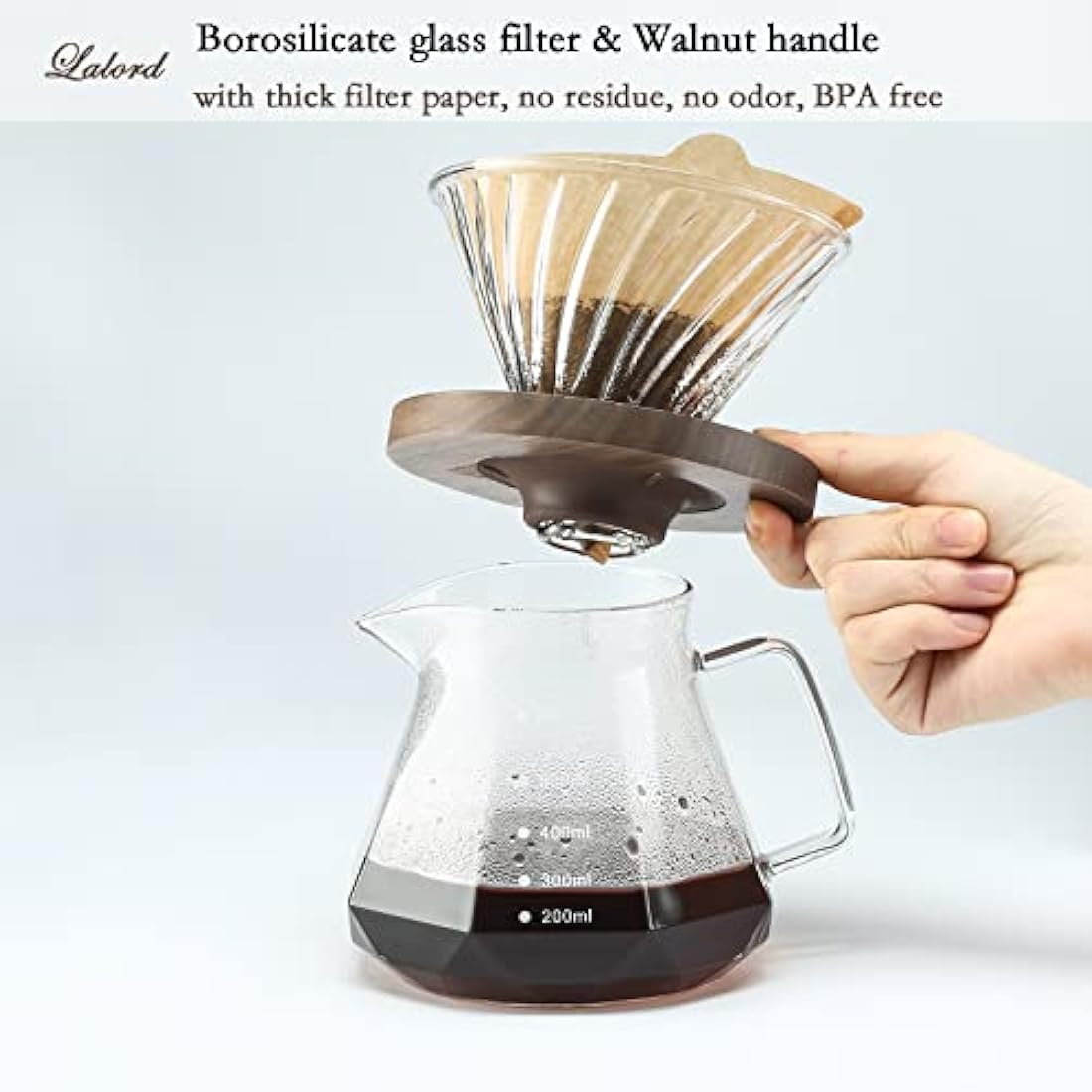 Lalord Pour Over Coffee Maker – 600ml Glass Carafe with Walnut Handle
