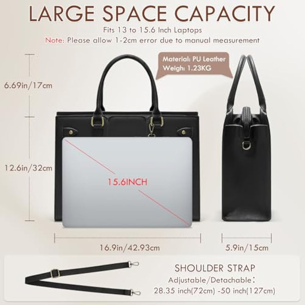 RAINSMORE 15.6 Inch Laptop Bag for Women | PU Leather Work Tote – Black