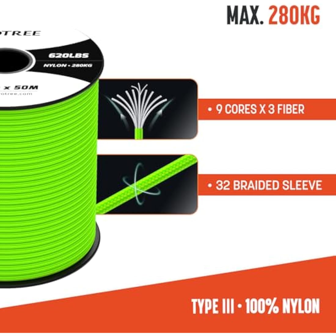 Brotree 4mm 100% Nylon Paracord – 9 Strand 280kg Tactical Rope, 100m