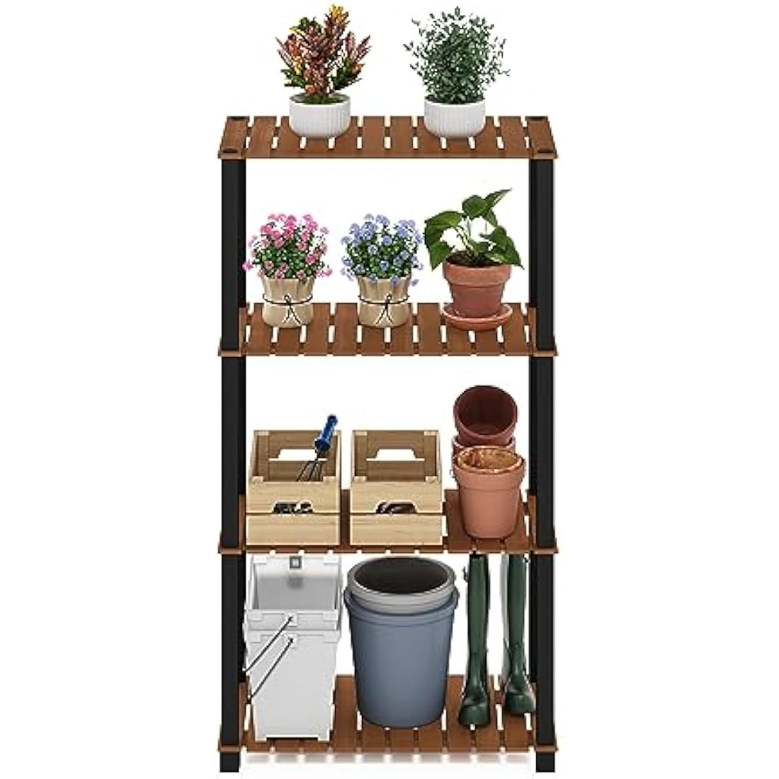 Furinno Pangkor 4-Tier Wood Plant Stand – Indoor Outdoor Display Shelf