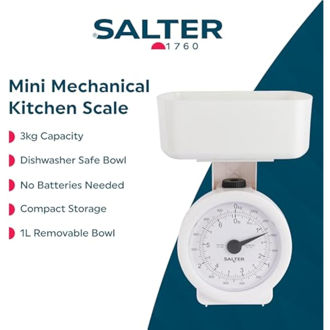 Salter Mechanical Kitchen Scale – 3kg Mini Analogue Food Scale with 1L Bowl