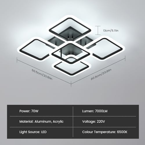 Comely Modern LED Ceiling Light – 61W 5-Square Black Chandelier 6500K